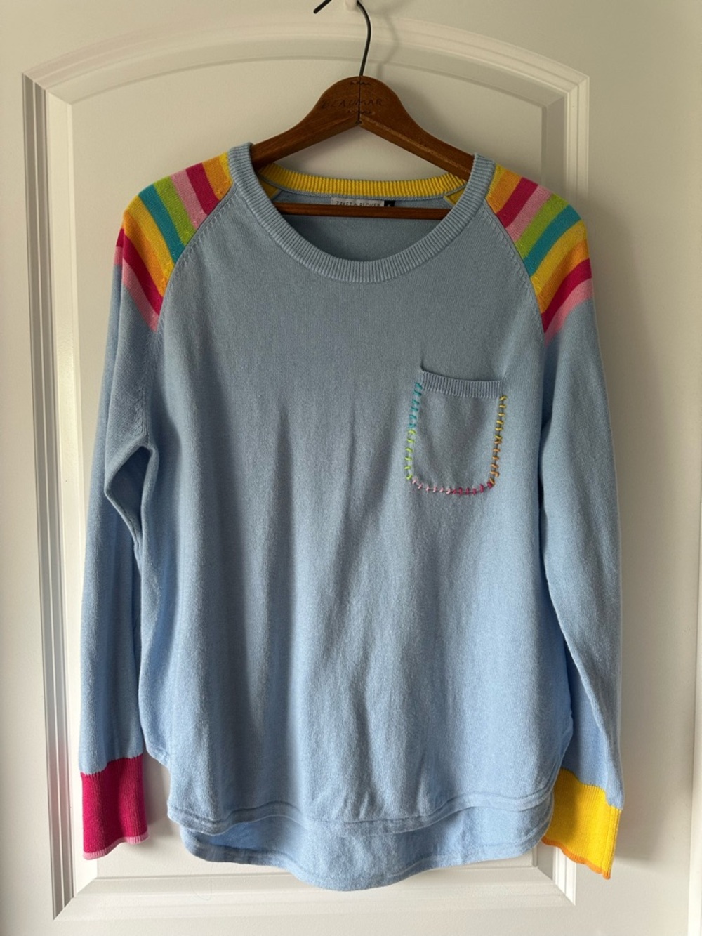 Light Blue Cotton & Cashmere Crewneck Sweater with Rainbow Shoulder Stripes